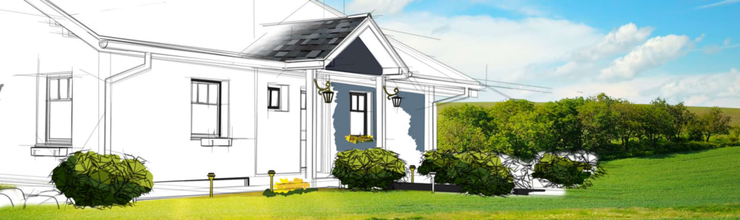 Drawing of the exterior of a house set against a photo background with green grass and bright blue sky with clouds