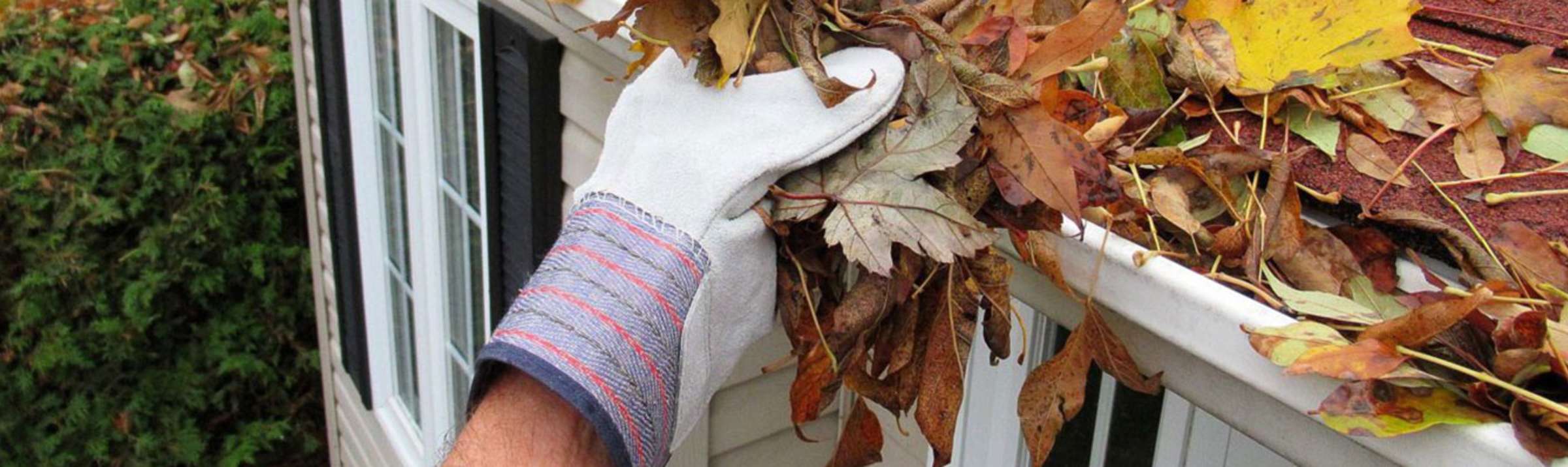 gloved hand removing leaves from white gutters on a red roof