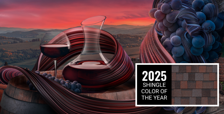 Montage image of rolling hills in the background with grapes, a wine glass and decanter sitting on a barrel in the foreground set against the 2025 Shingle Color of the Year Merlot.