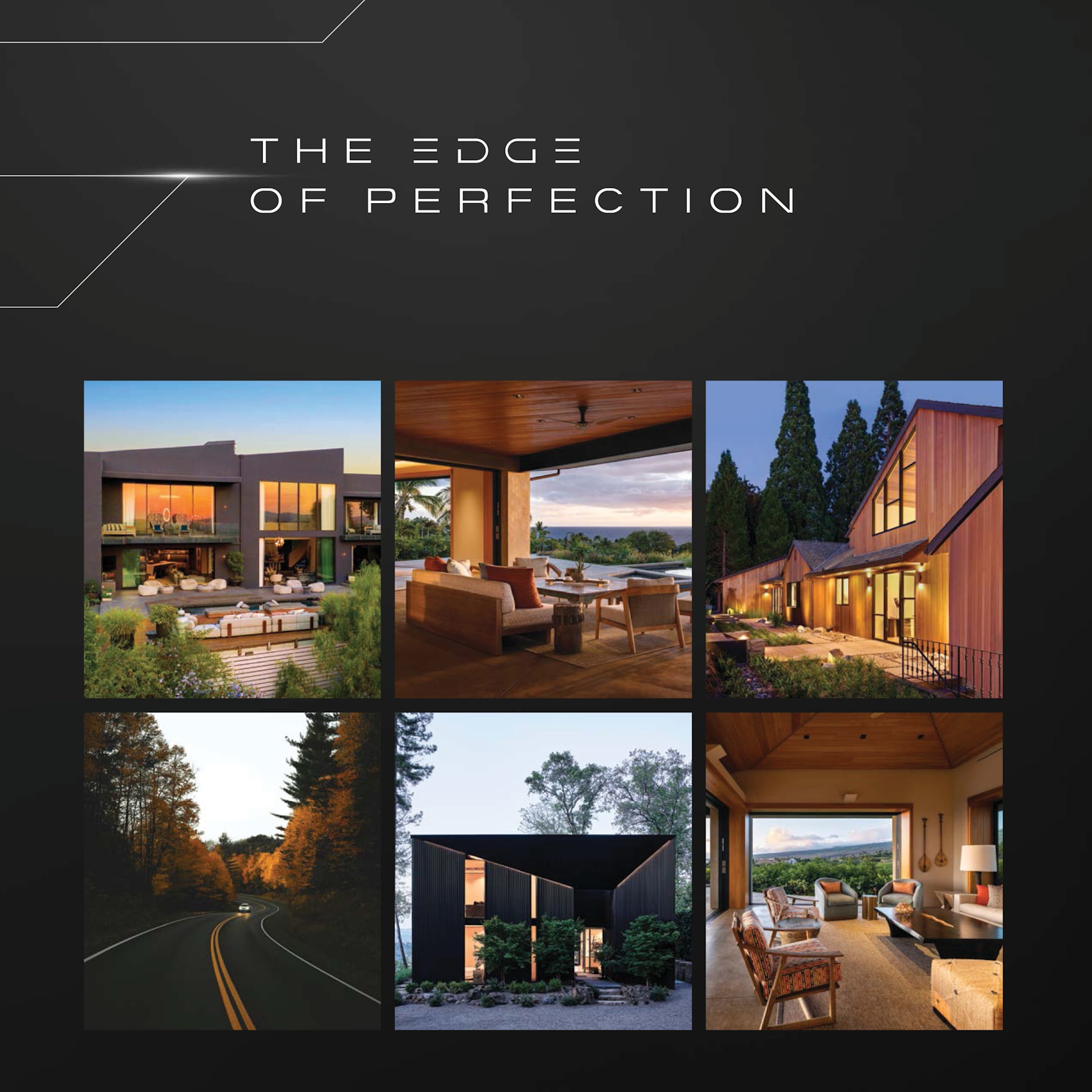 Fleetwood promotional graphic titled ‘The Edge of Perfection’ featuring a collage of six modern architectural designs, including luxury homes with floor-to-ceiling glass windows, natural wood accents, and scenic outdoor settings.