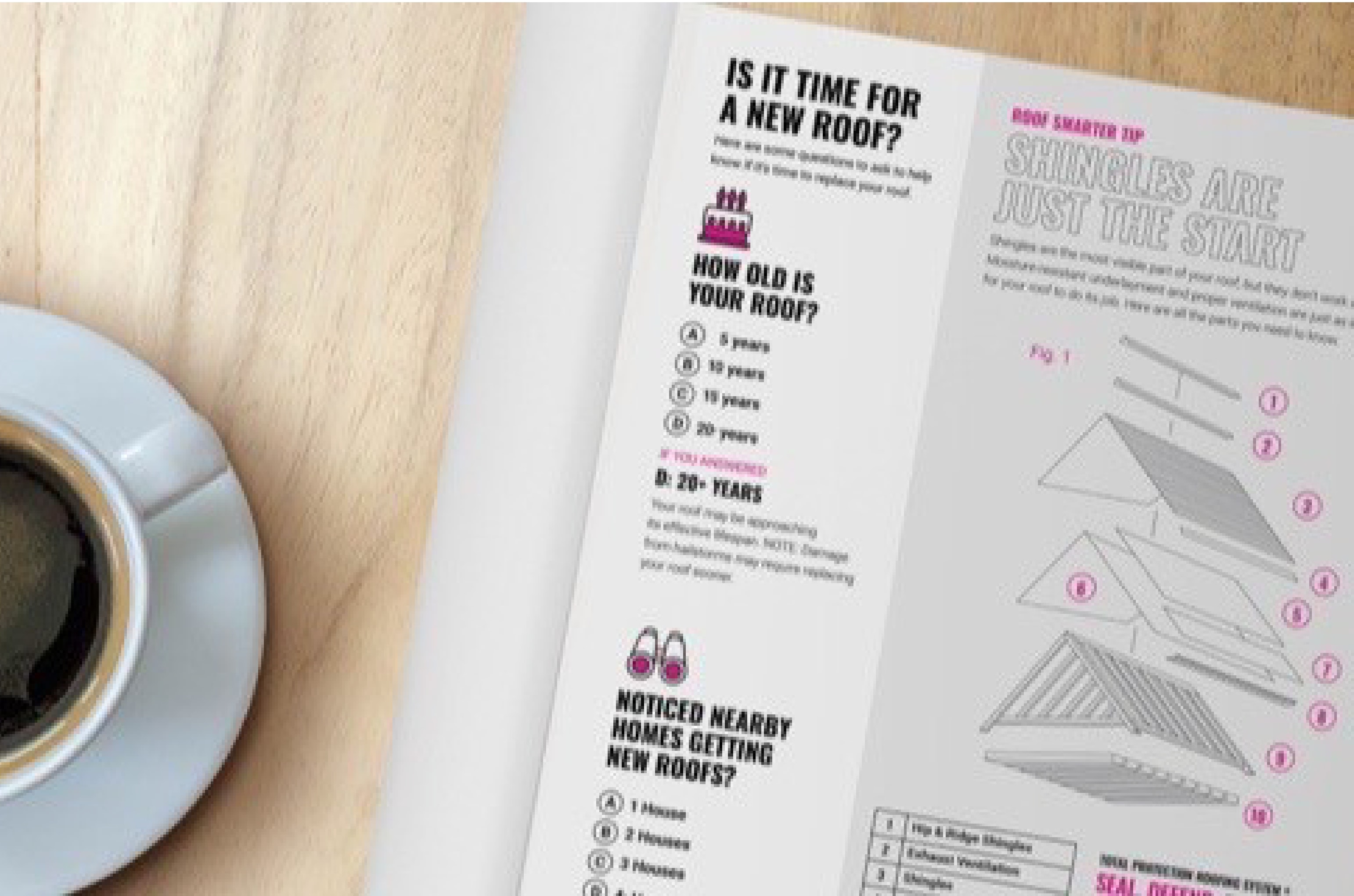 Roof Smarter Brochure opened up to a roof diagram on a wood table with a coffee mug