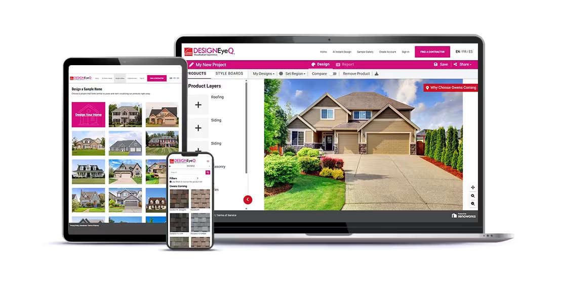 screenshots on desktop, tablet, and mobile devices of the Owens Corning Design EyeQ® shingle try on experience