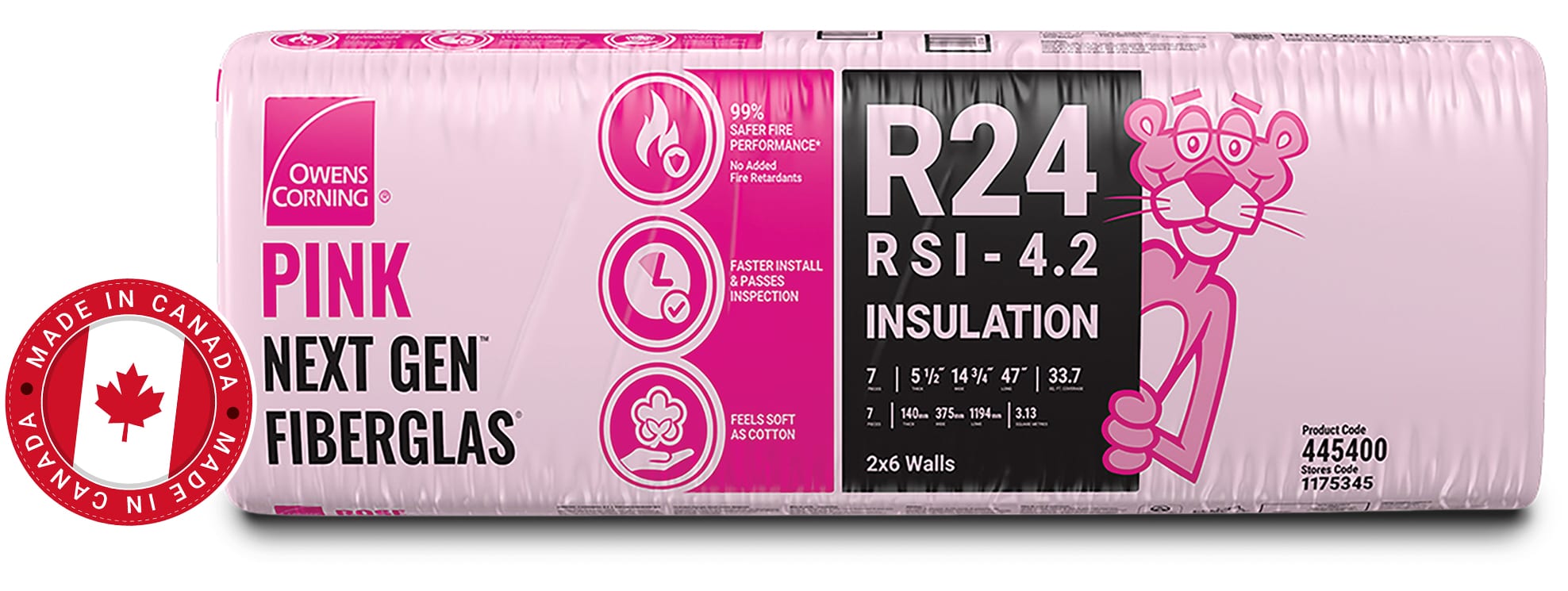 Pink Next Gen Fiberglas R-24 insulation bag, made in Canada badge