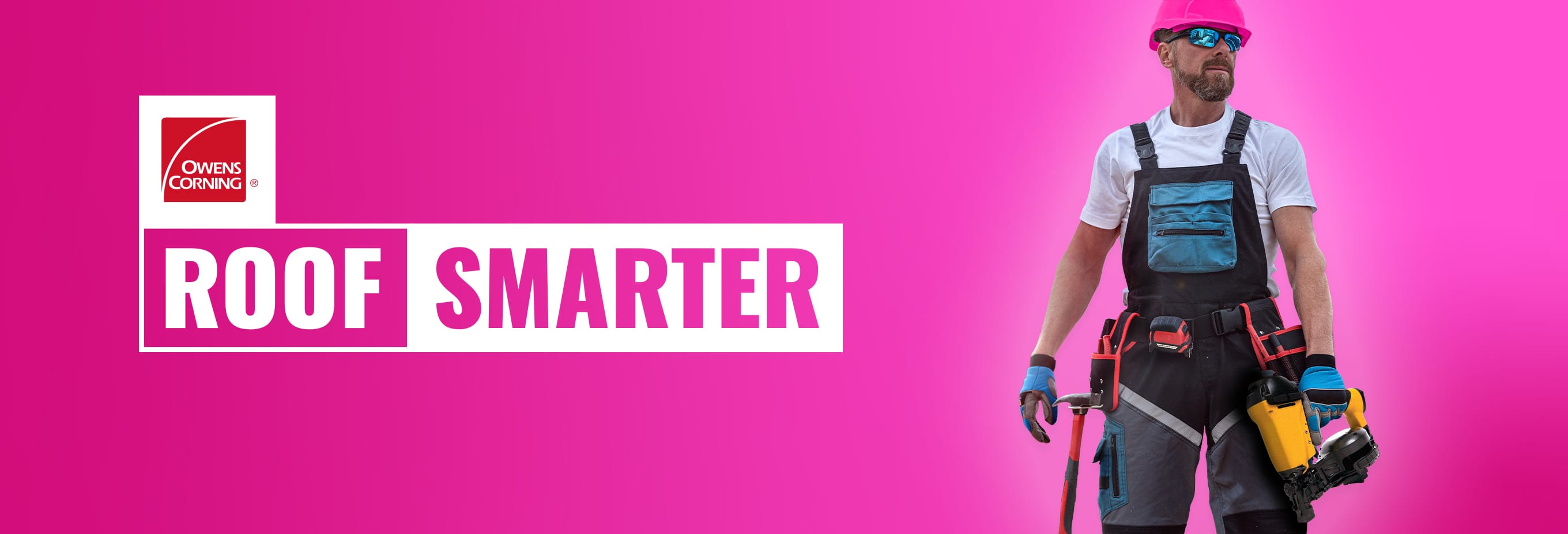 Roof Smarter text with a roofing contractor wearing a safety helmet and holding a nail gun.