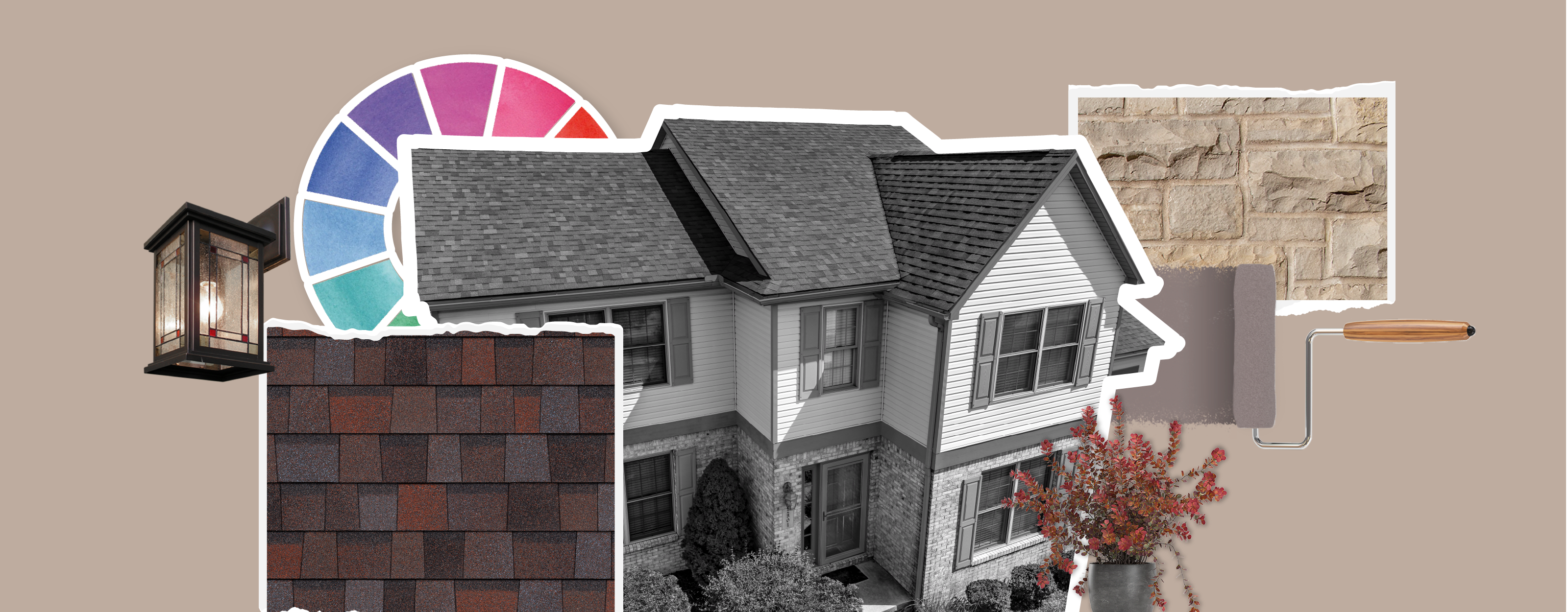 Collage of black and white house, stone, Merlot shingle swatch, paint swatch, outdoor light, and pink, blue, and purple color wheel on a tan background.