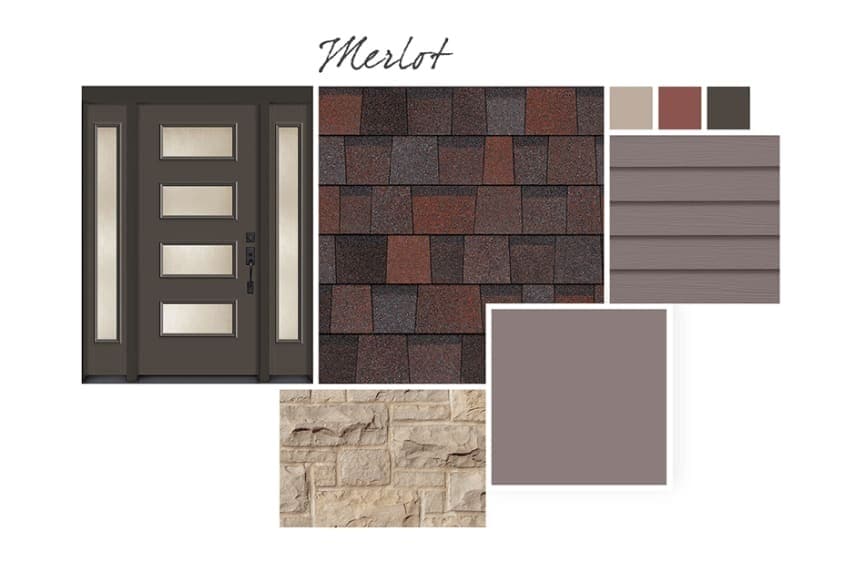 Collage of images for a Merlot shingle color style board which includes a front door, siding and color swatches.
