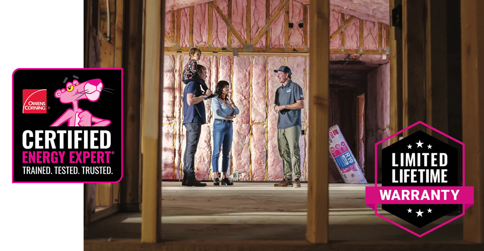 A family of three talks to a contractor with a Certified Energy Expert logo off to the side of the image