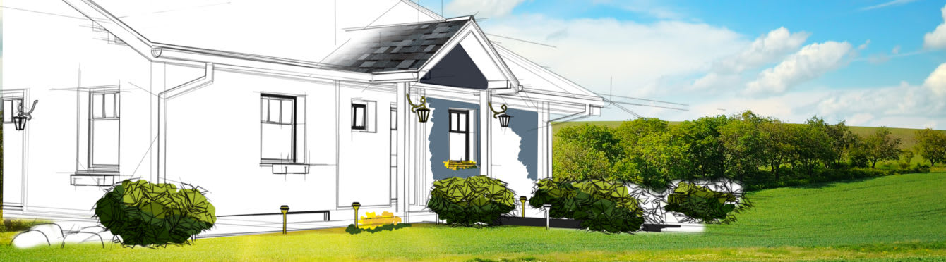 Drawing of the exterior of a house set against a photo background with green grass and bright blue sky with clouds