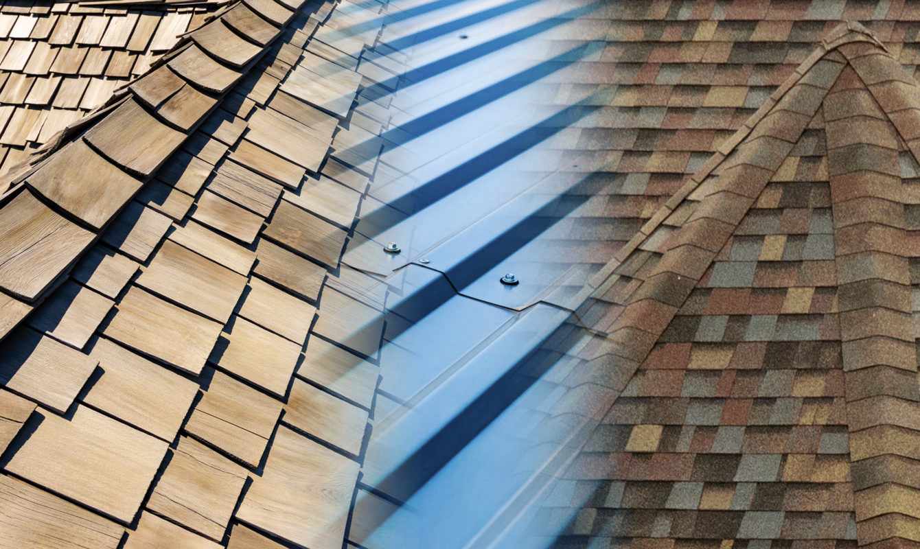 Montage image showing different shingle materials, including asphalt and metal