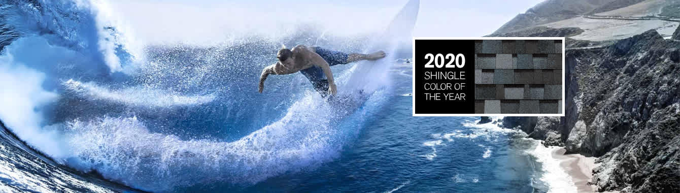 Imagen de Montaje de un surfista montando una ola con El Color de Teja del Año 2020, Pacific Wave, dispuesta por encima