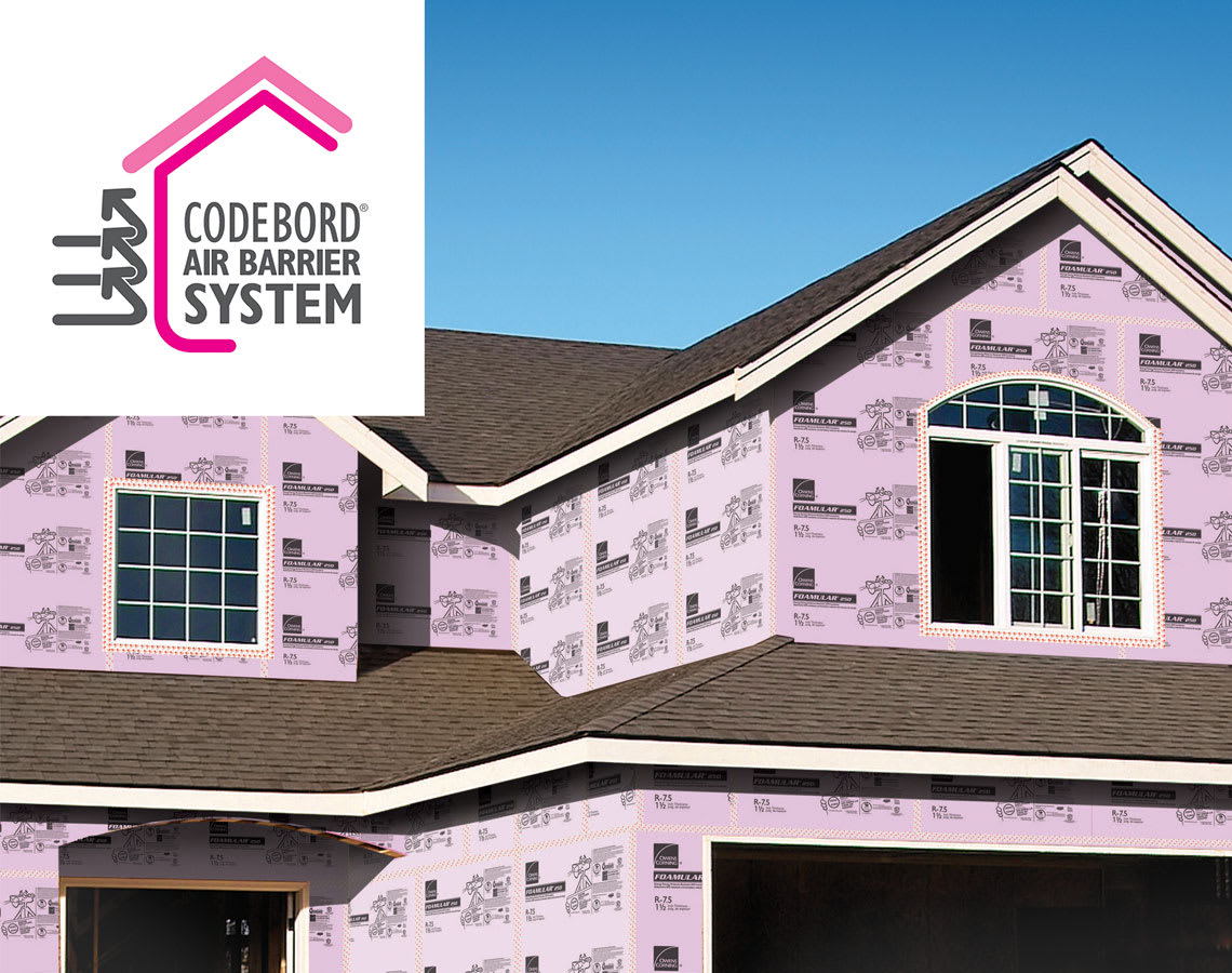 Photo of the exterior of a home with insulation exposed, with the CodeBord® Air Barrier System logo layered over top of the image