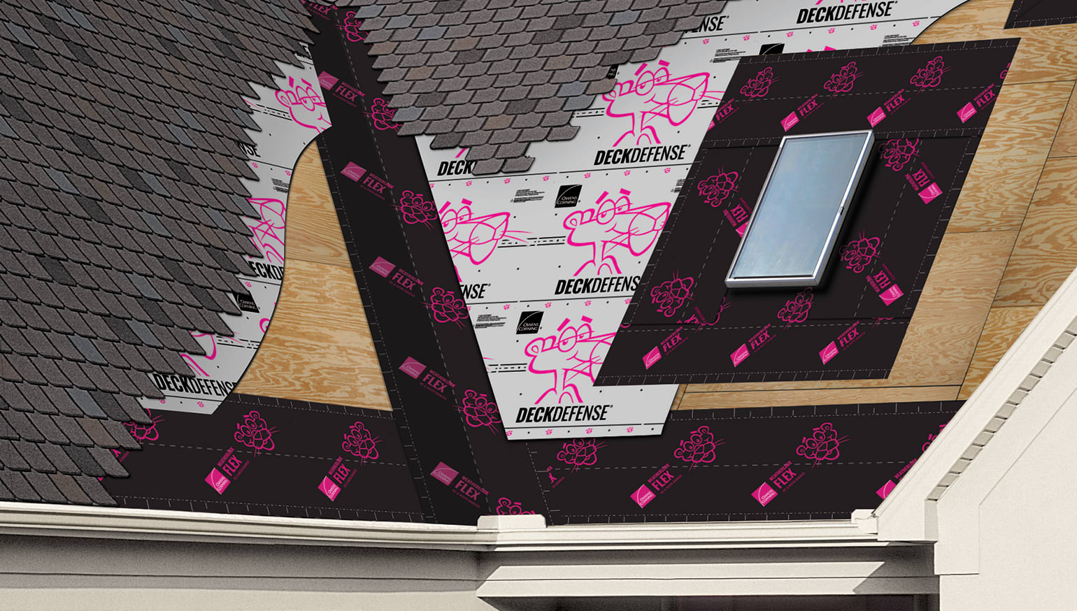 Roof deck with layers of the roofing system peeled back to reveal the exposed roof deck, ProArmor underlayment, and WeatherLock Ice and Water Barrier