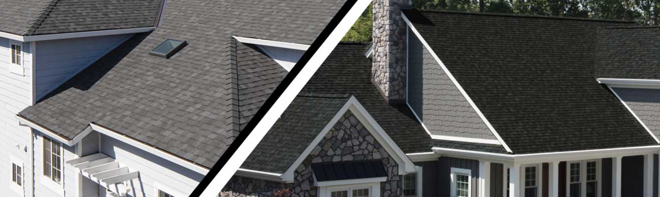 Photo of light gray shingles on a house compared with a roof with dark gray shingles