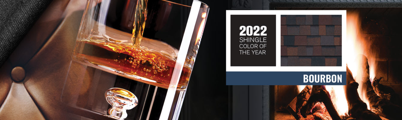 Montage with leather, bourbon pouring into a rocks glass with a cozy fire in the background. Layered over the montage image is a Bourbon shingle swatch with “2022 Shingle Color of the Year” text.