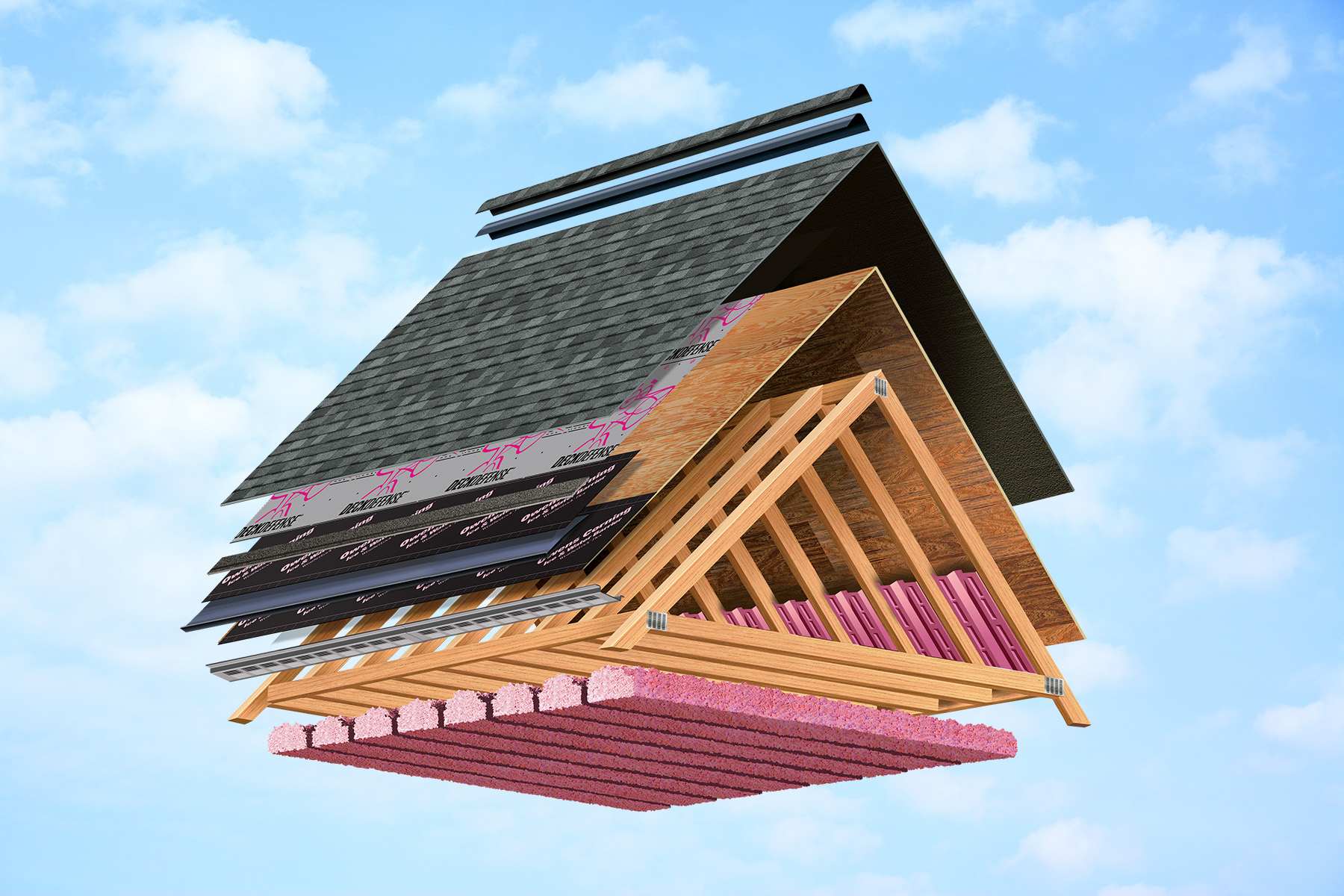 Illustration of a roof with separated layers of vents, shingles, underlayment, roof deck, rafters and attic insulation