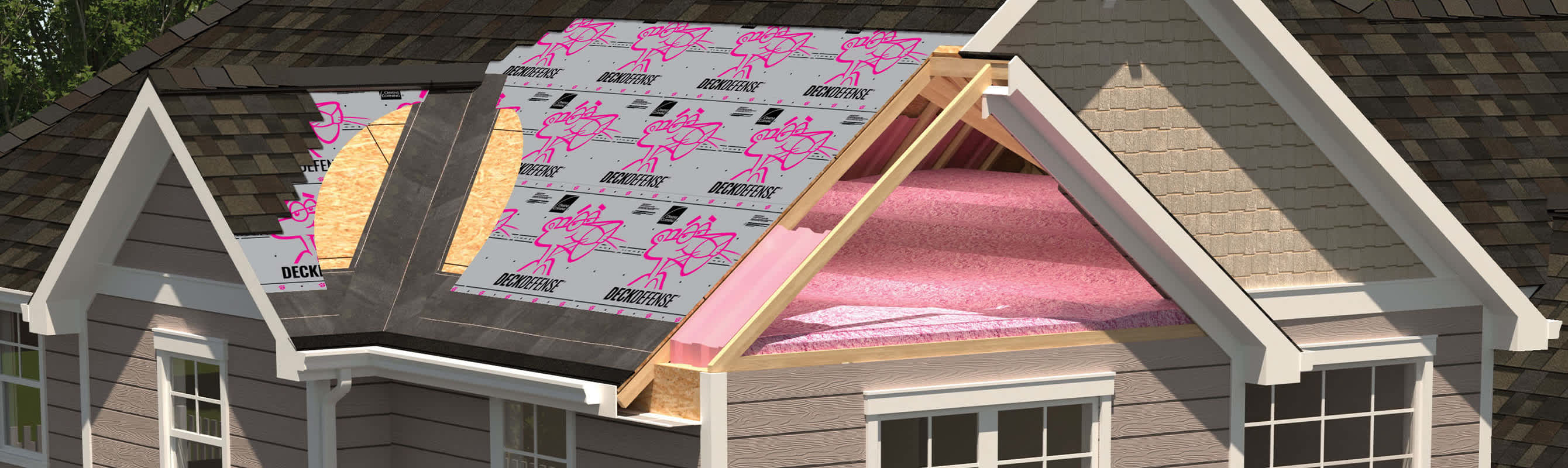 Residential roof with shingles torn away to reveal underlayment products on the roof.