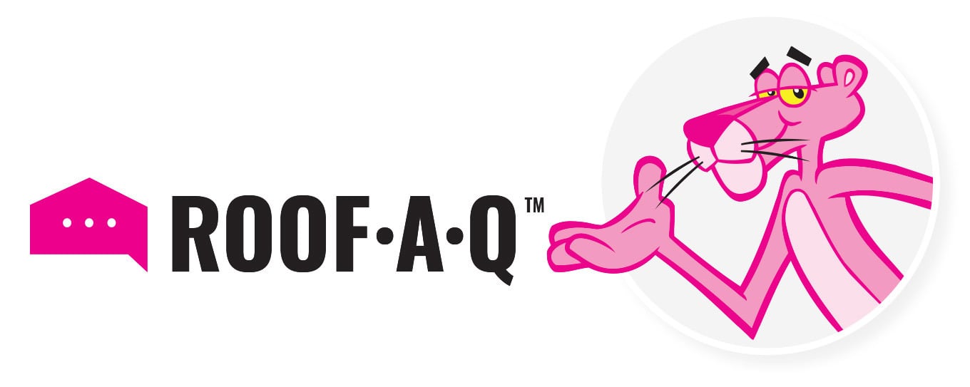 Pink Panther presenting the Roof-A-Q logo
