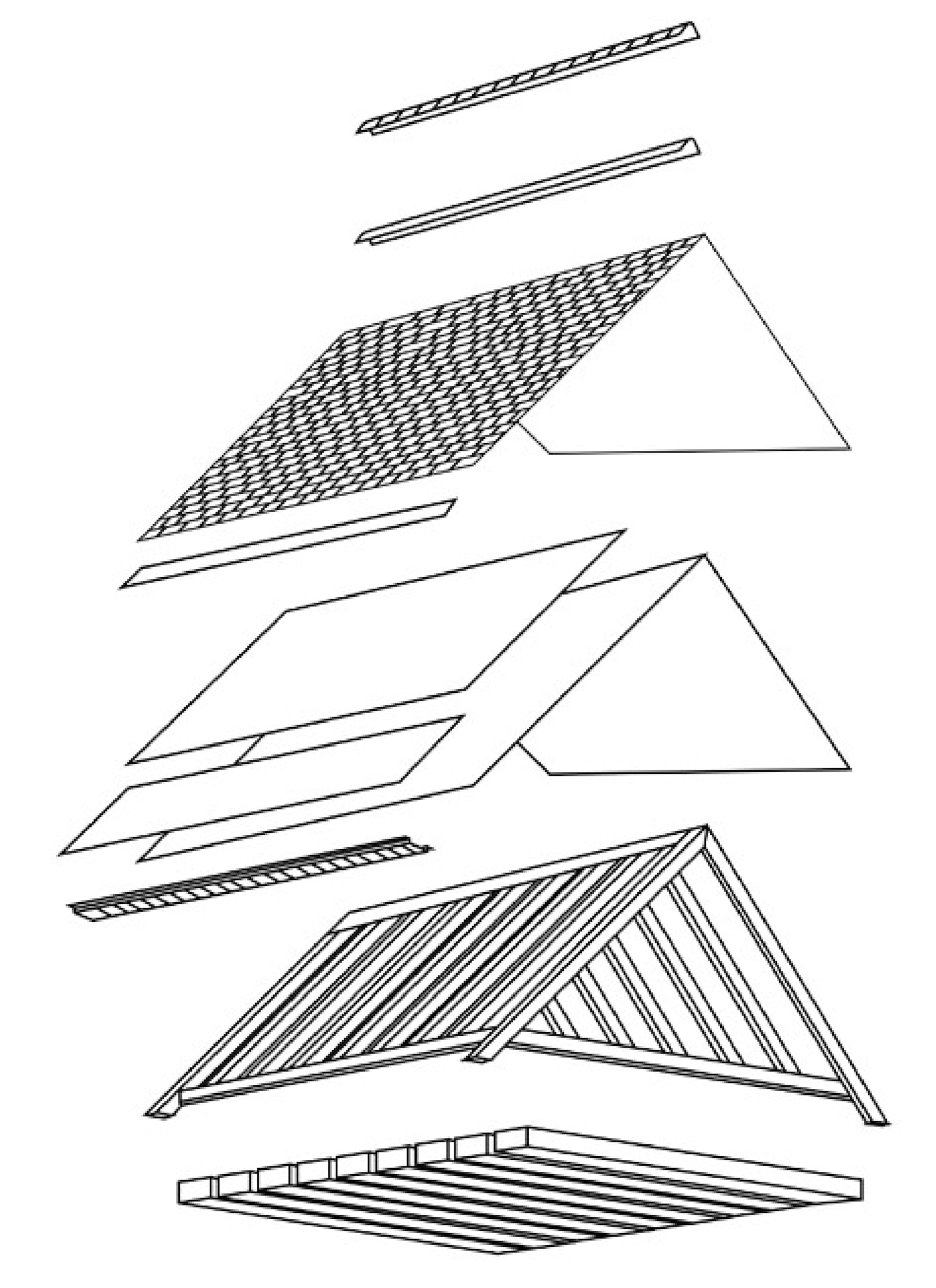 Black and white drawing of a roof system with separated layers.