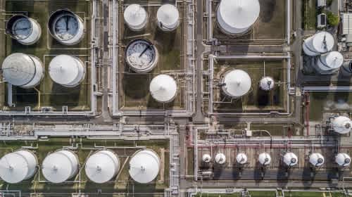 Overhead view of multiple storage tanks