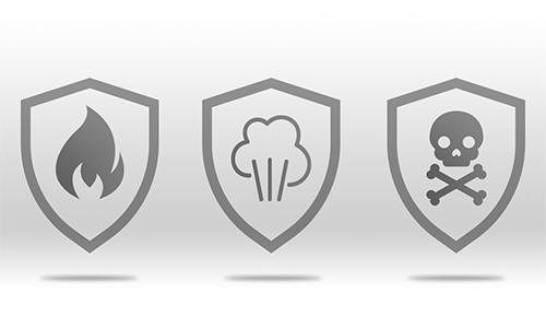 3 fire safety icons - one a flame, one smoke and one a skull and crossbones