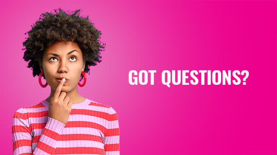 Woman on top of a pink background with index finger touching her lips looking inquisitively, with "Got Questions?" text to the side