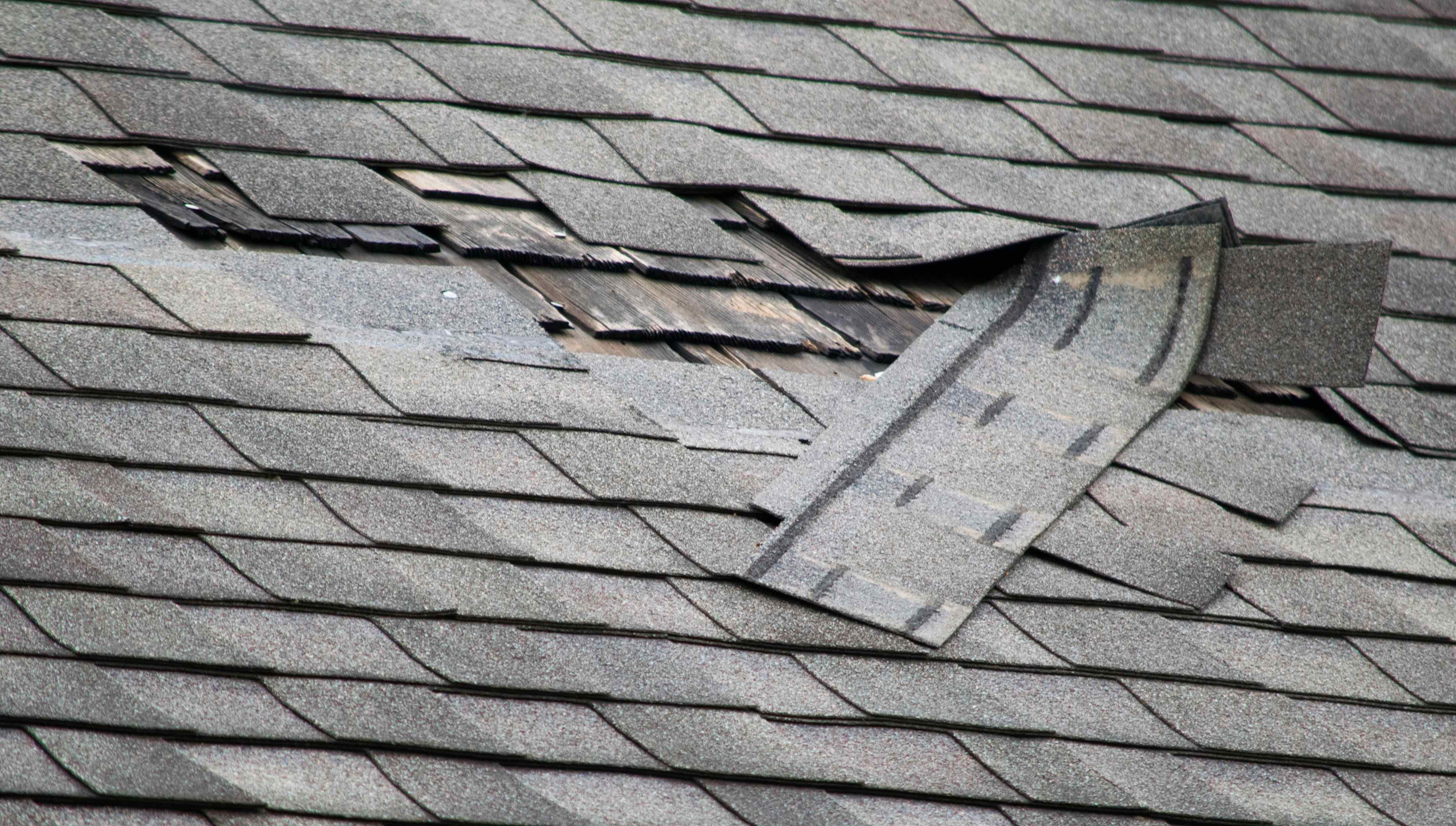 Grey roof with shingles missing and hanging loose