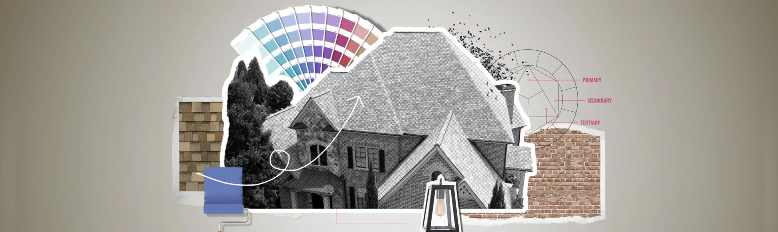 Cut outs of a greyed out house, paint chip samples, tan brick, and shingle swatches