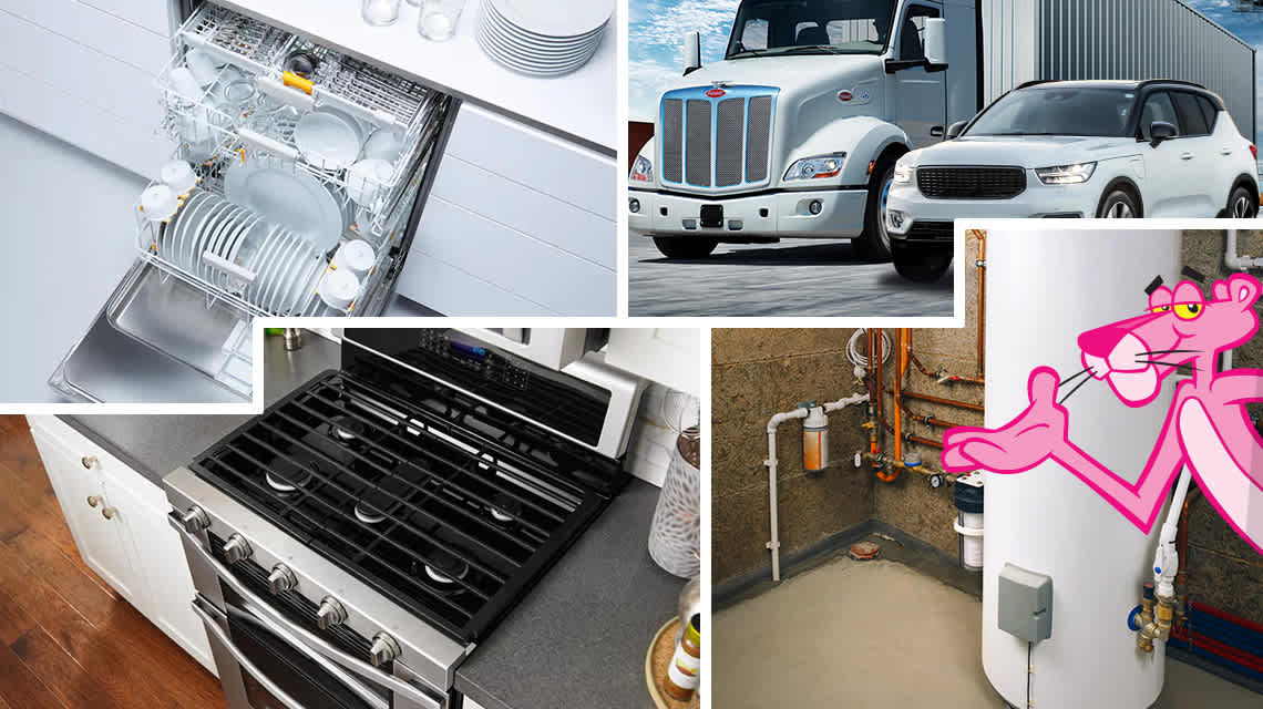 Three home appliances displayed with the Pink Panther cartoon appearing out from behind them.