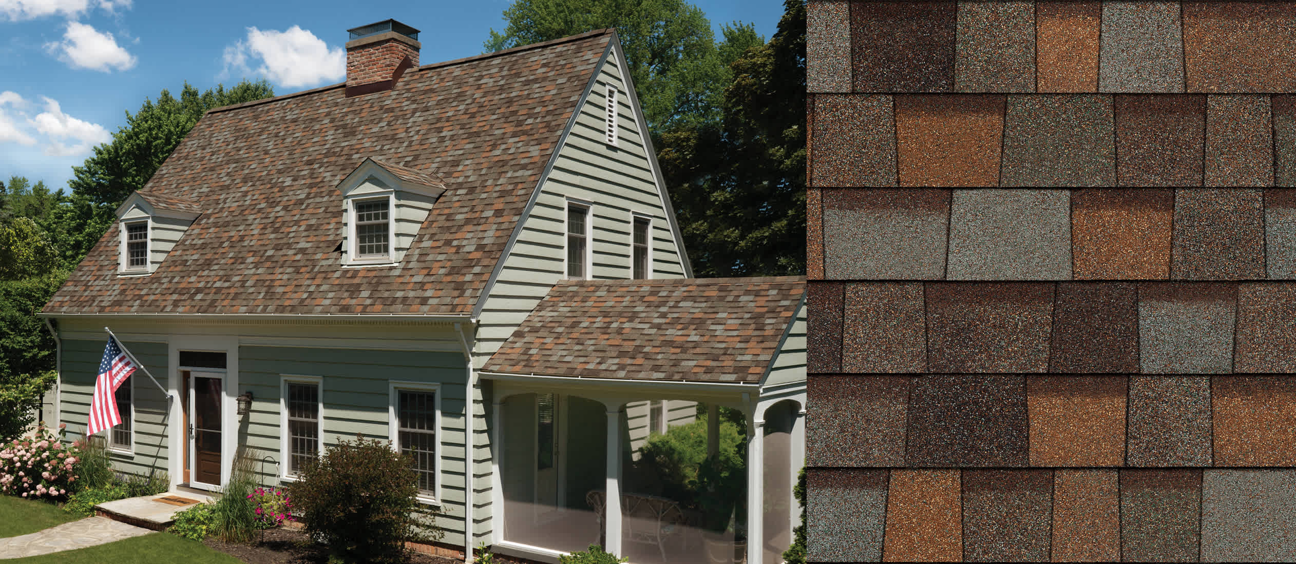 Home with Aged Copper Duration Designer shingles next to an upclose swatch to show the color variation.