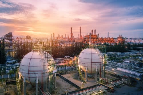 storage spheres at dusk