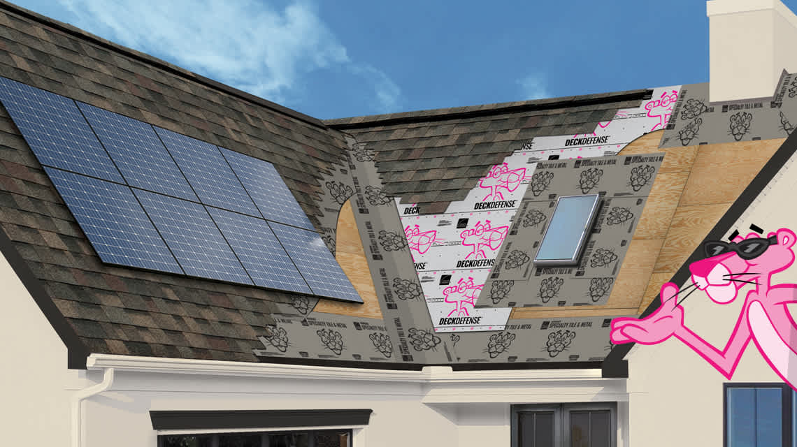 Pink Panther wearing sunglasses and a house with Solar Panels and Owens Corning shingles cut away to reveal underlayment