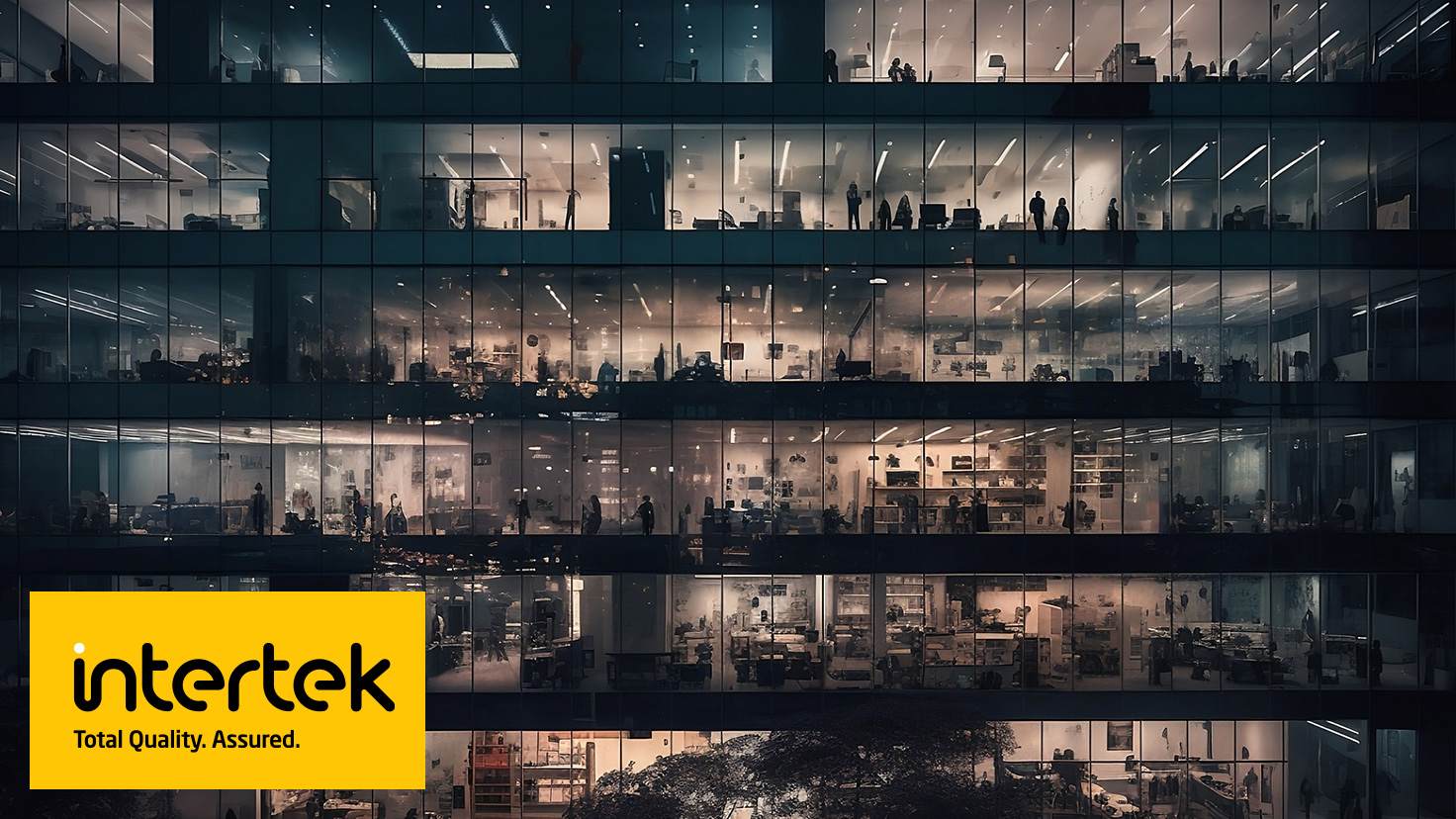 Zoomed out view showing many office spaces in a building with Intertek logo overlayed
