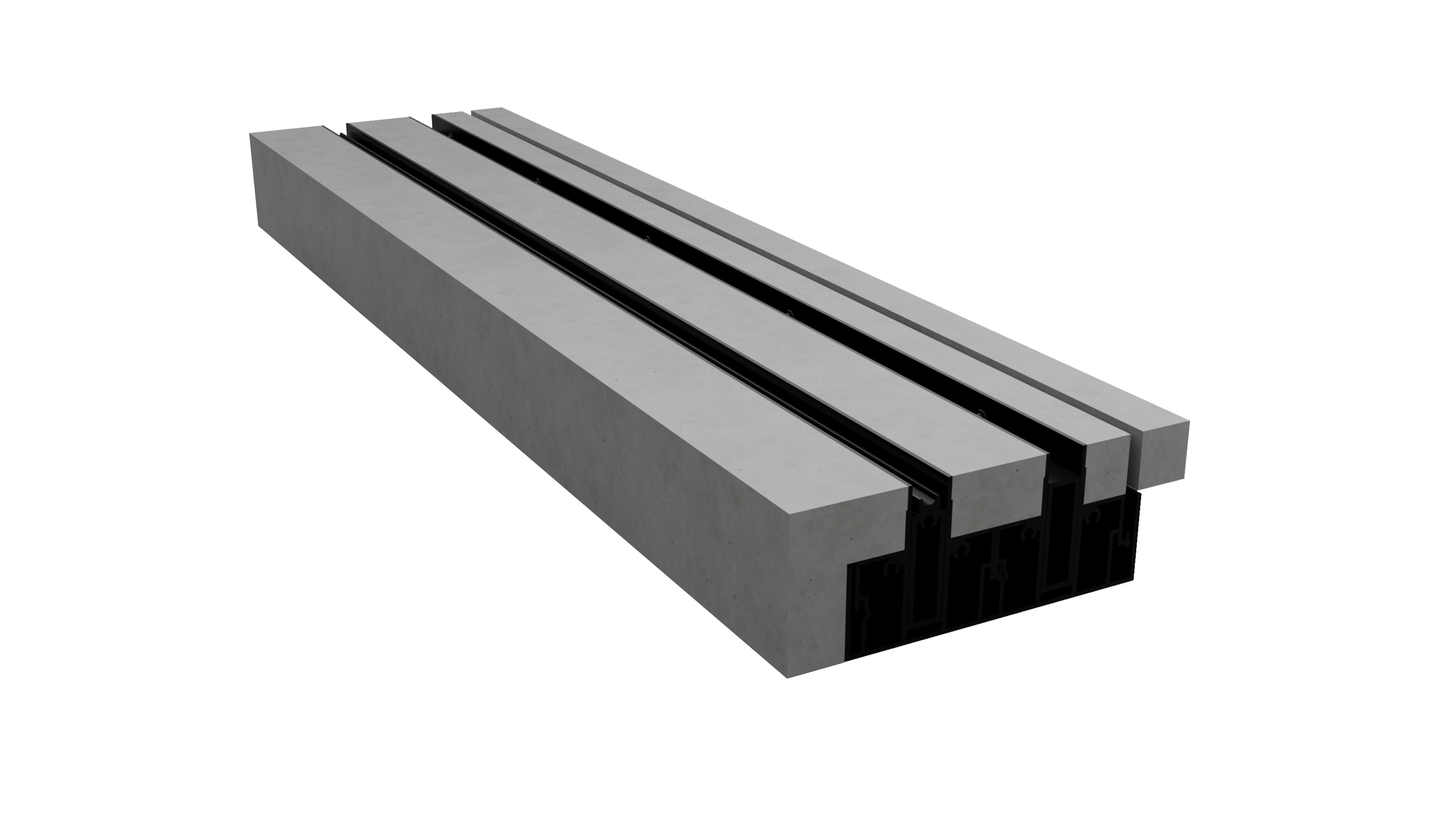 Gray and black rendering of a flush sill with Arche-Duct drainage system for Fleetwood's EDGE |s| pocketing, multi-sliding door.