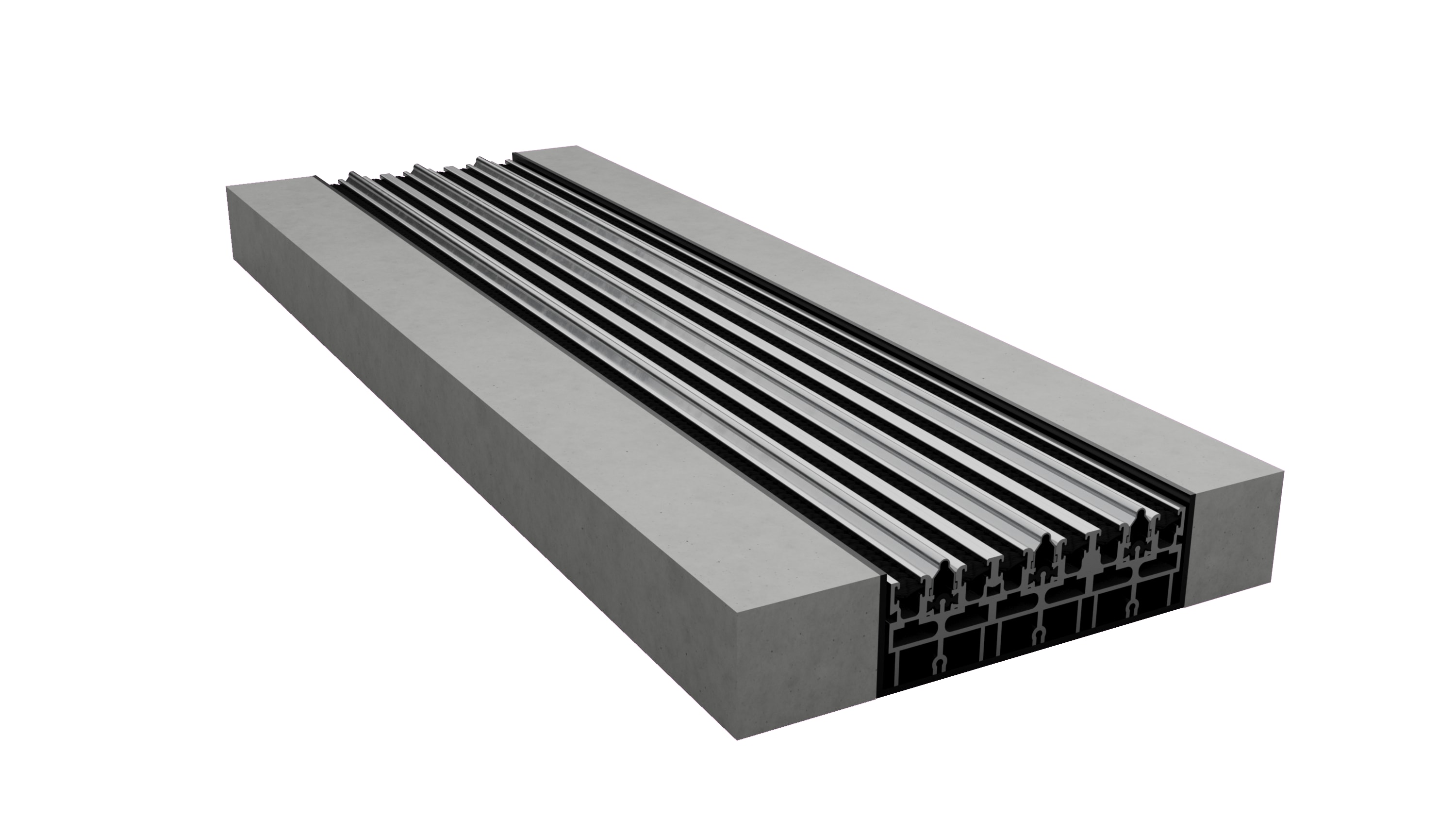 Gray and black rendering of the sill with Arche-Duct drainage system for Fleetwood's 3070-T pocketing, multi-slide door.