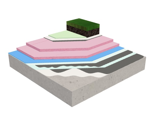 Concrete deck with cellular glass in fluid applied waterproofing membrane, ballasted with growing media/vegetation.