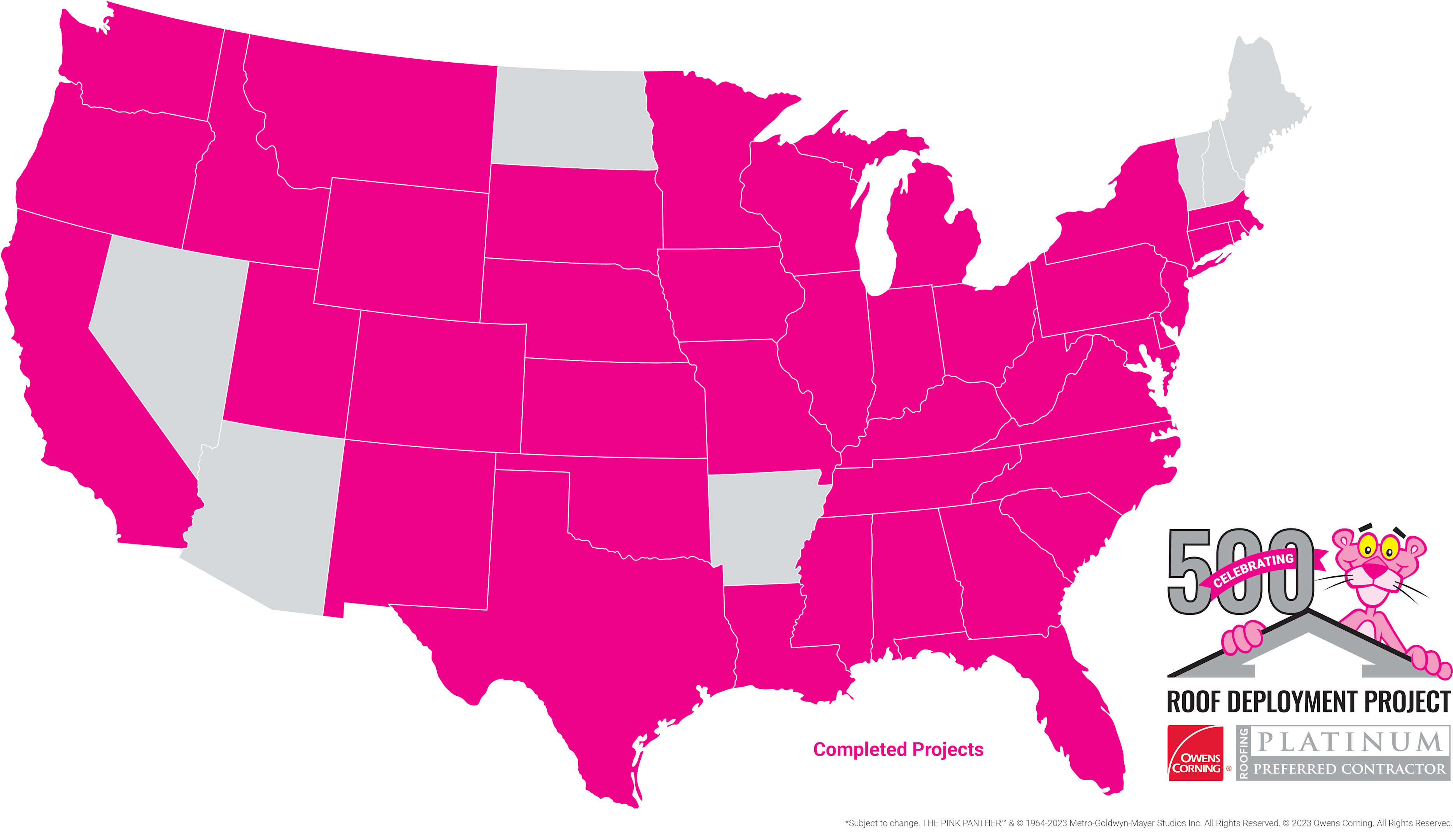 A map of the United States with 41 states filled in with pink color to show which states have been a part of the Owens Corning Roof Deployment Project.
