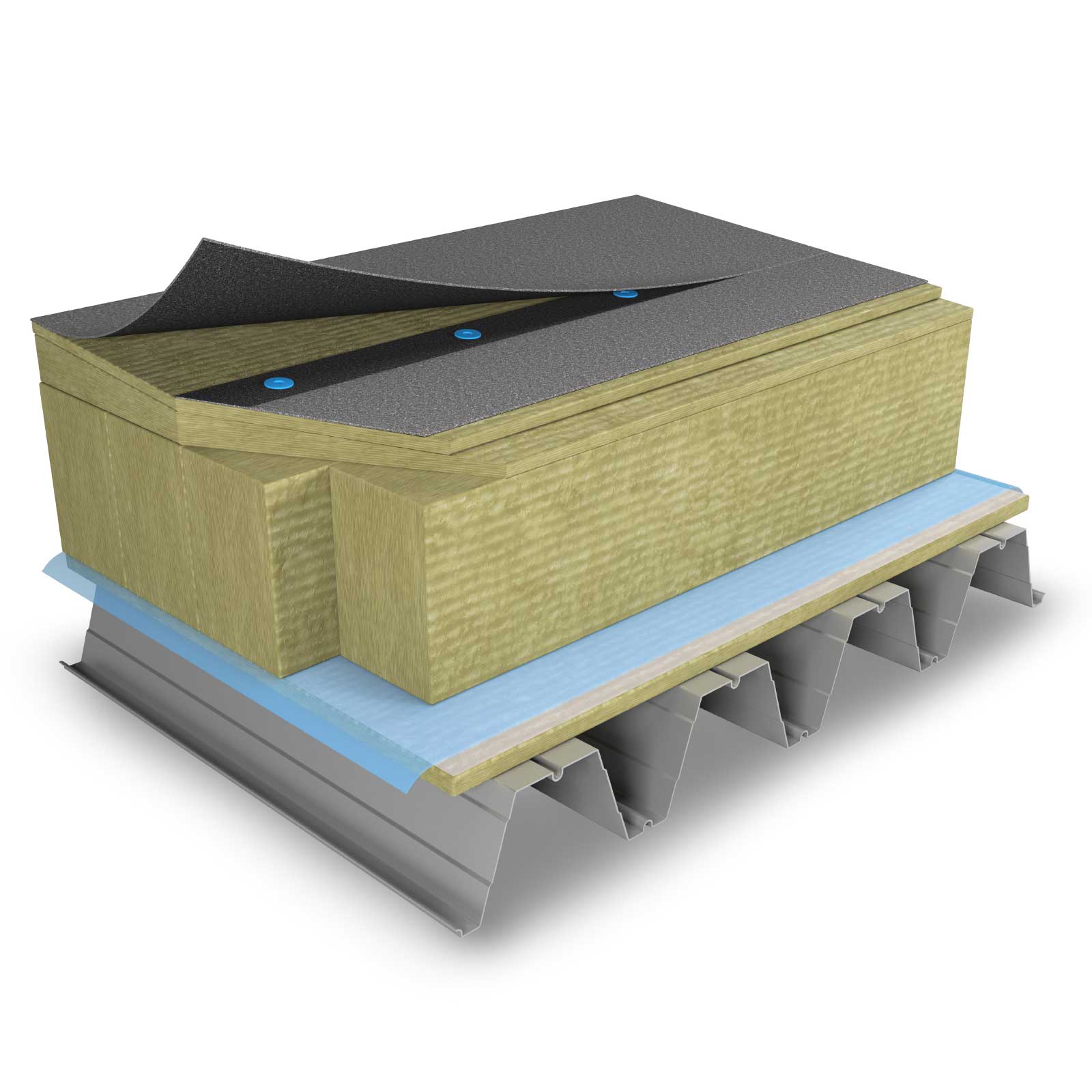  Avsmalnande isolering av platt tak på korrugerat ståldäck, med lamellösning