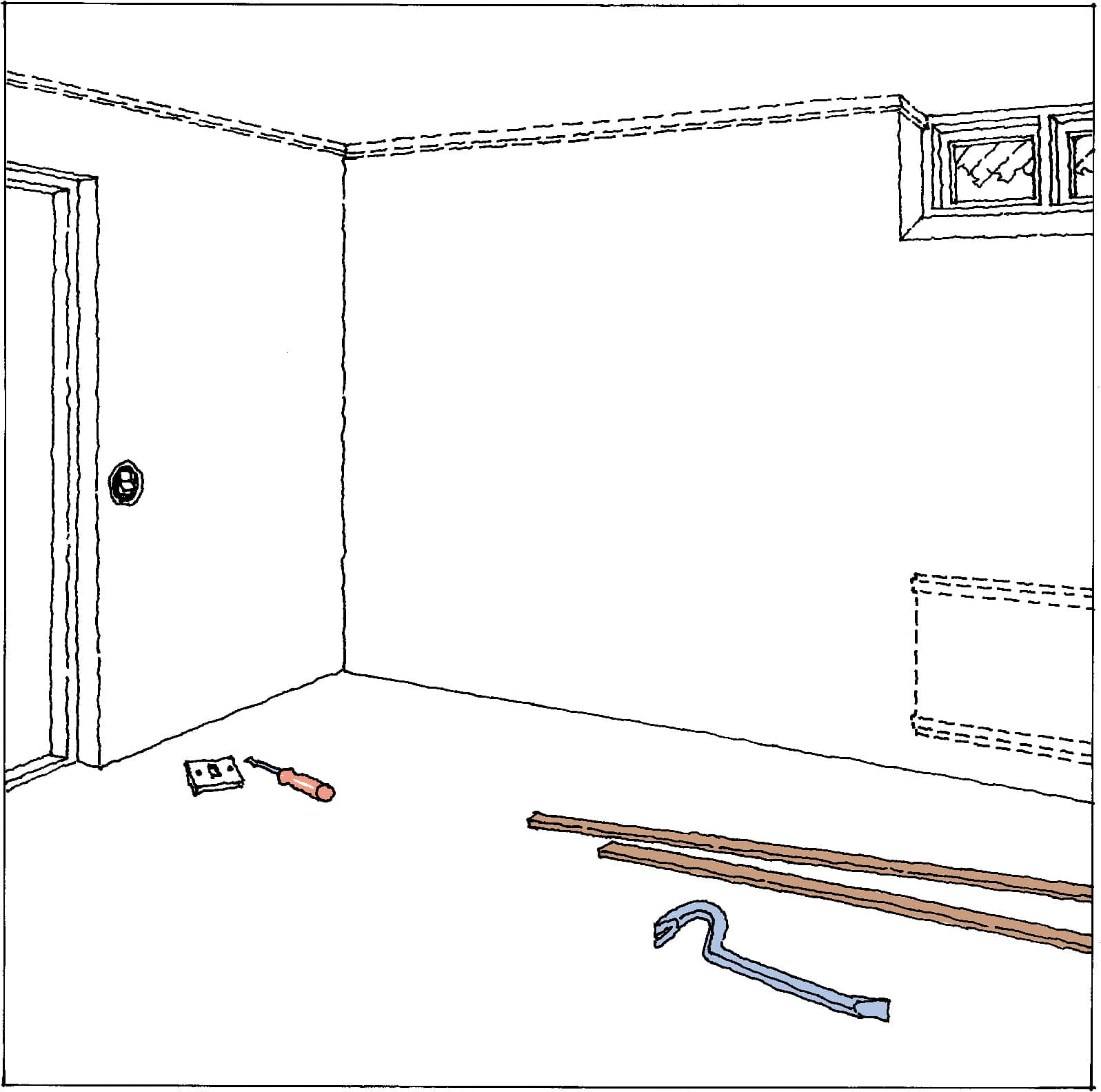 Fjern indfatning og lister, radiatorer og lignende. 