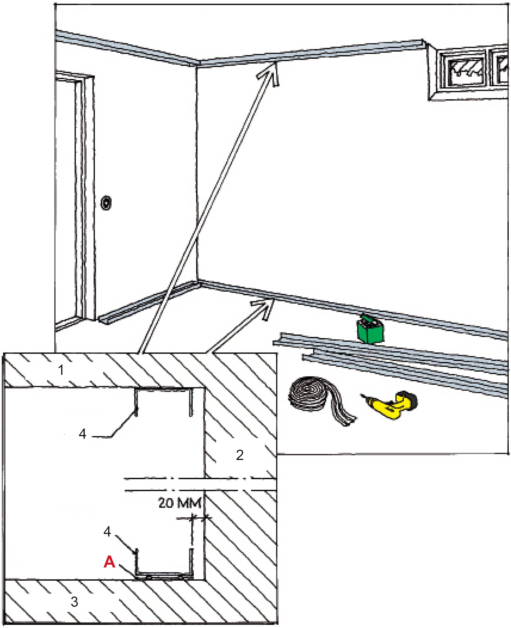Læg PAROC XSS 002 Sokkeltætning under stålskinnen på gulvet 
