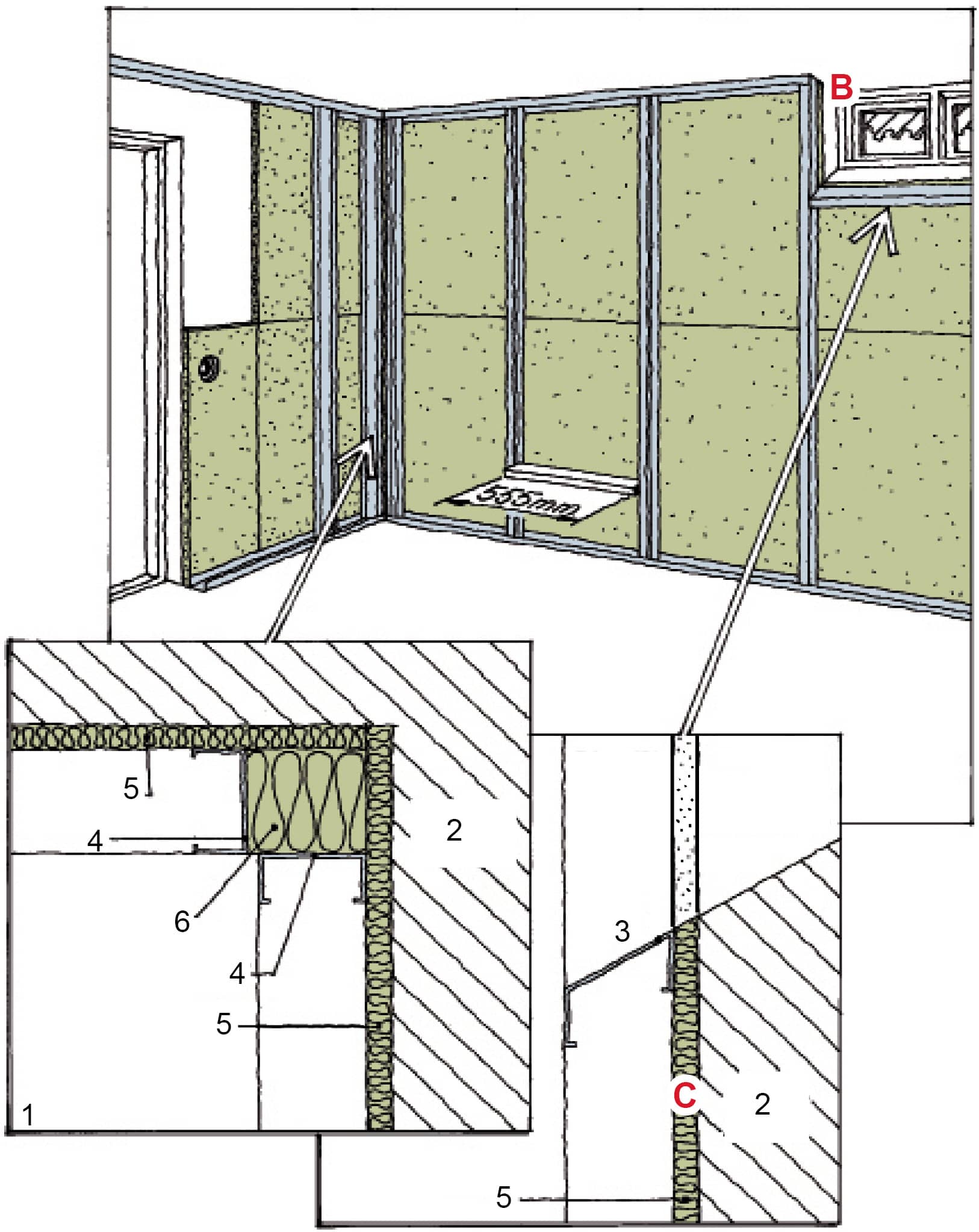 Fastgør de stående stålregler mellem gulv- og loftsskinnerne.