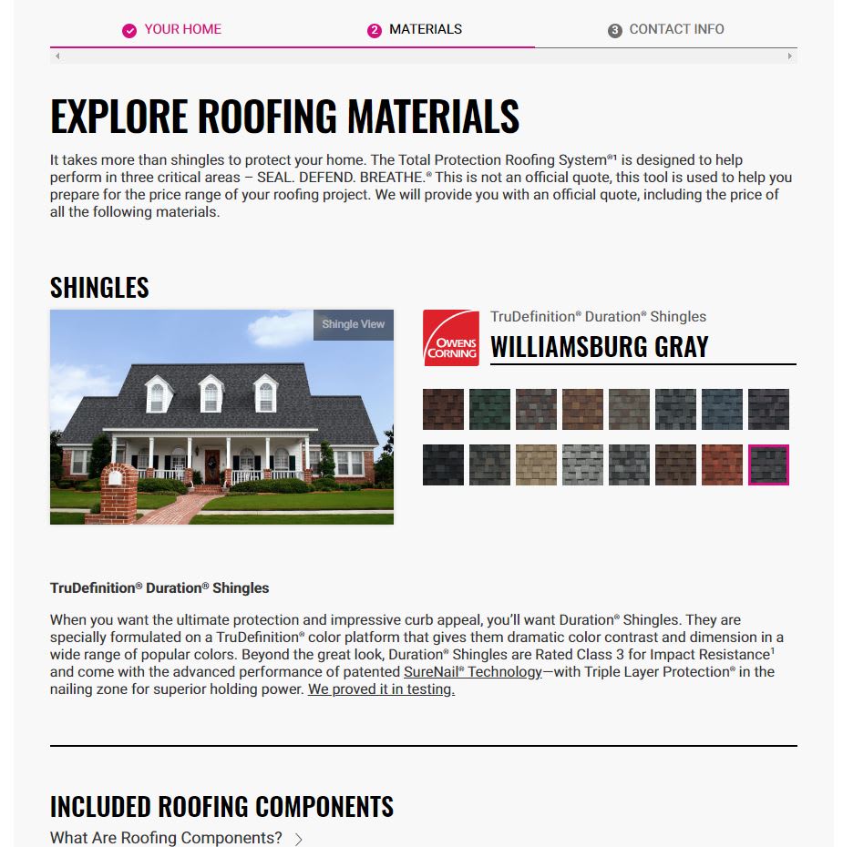 Preview display of the Owens Corning Budget Your Roof widgeet