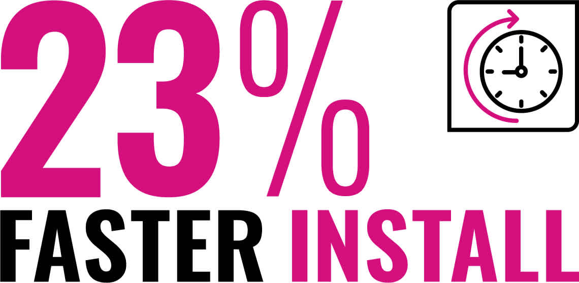 Large graphic with a clock and arrow circling around it implying time with the statement 23% faster install.