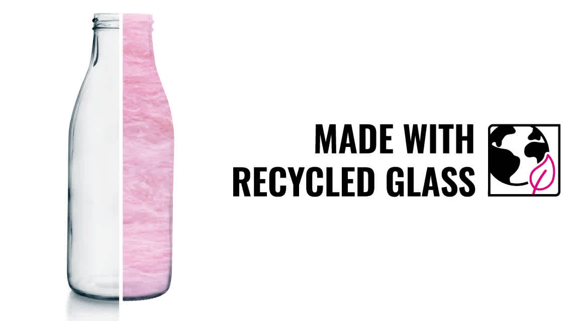 A glass bottle that is half glass and half PINK Next Gen™ Fiberglas™ and a icon of the earth with a pink leaf that says Made with Recycled Glass.