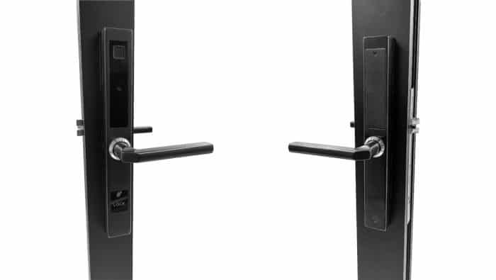 Close up views of lever door handles.