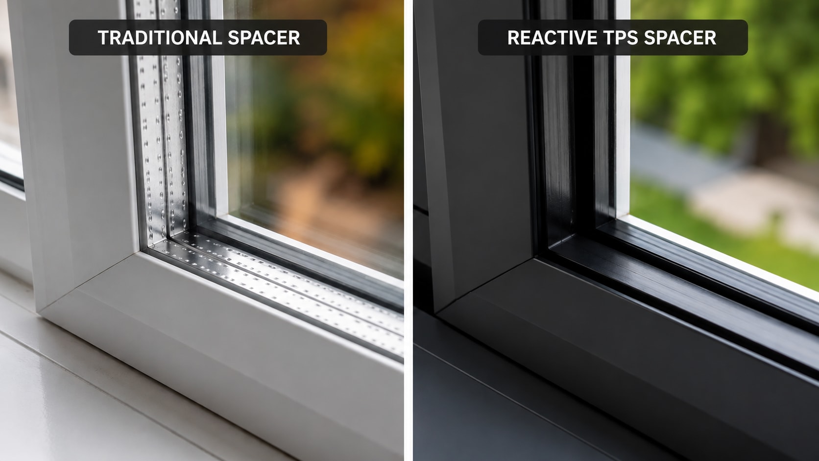 Close up of a traditional silver window spacer compared to a black Reactive TPS Spacer