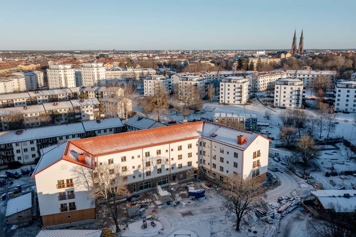 Drönarfoto över studentboendet Spexaren i Uppsala. 