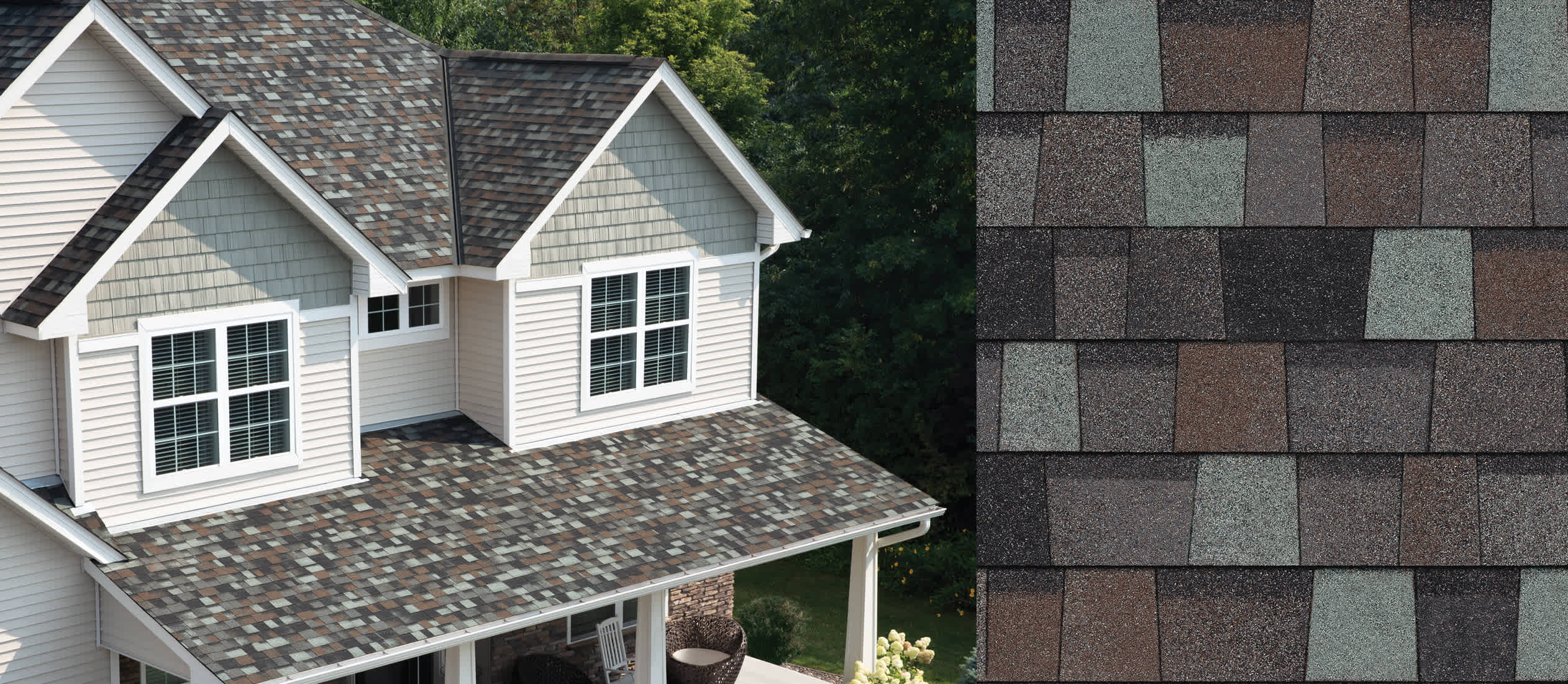 Home with Storm Cloud Duration Designer shingles next to an upclose swatch to show the color variation.