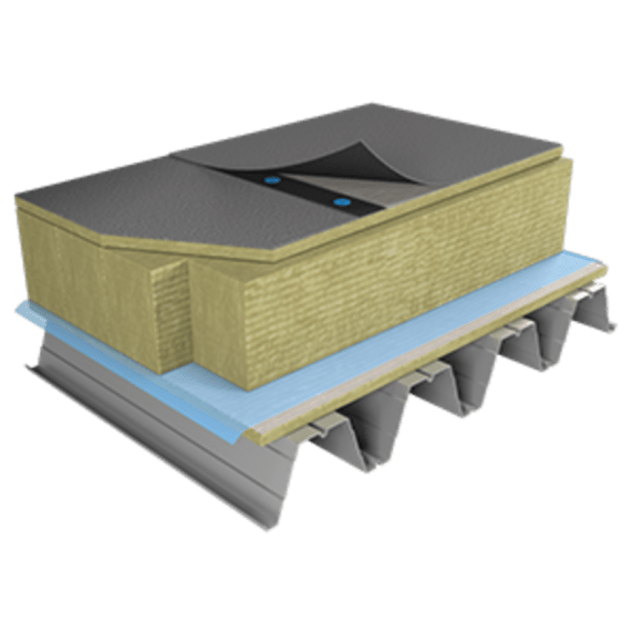 Avsmalnande isolering av platt tak på korrugerat ståldäck, med PAROC takfallslamell