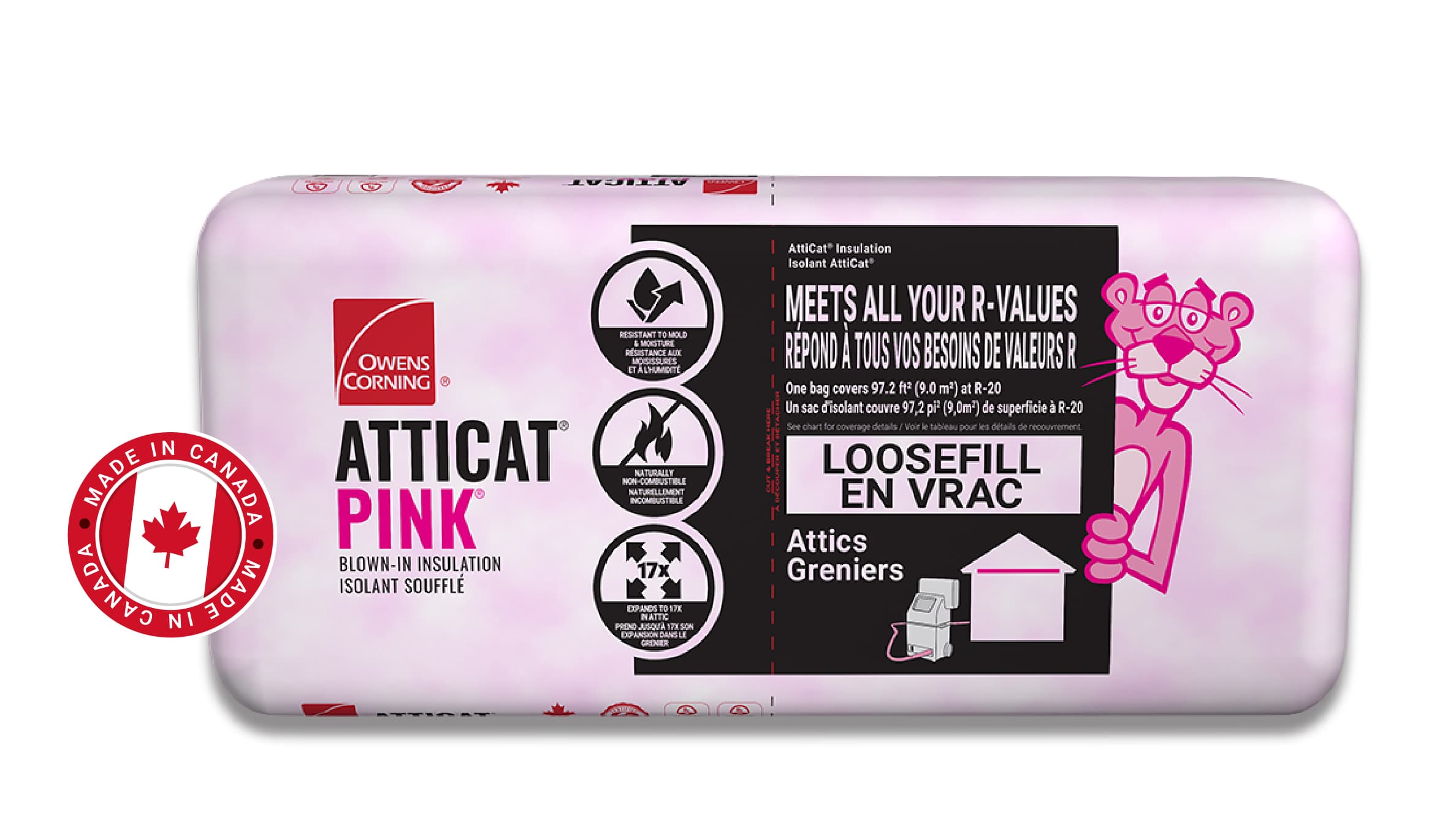 Atticat® Pink Loose Fill Insulation package, made in Canada seal