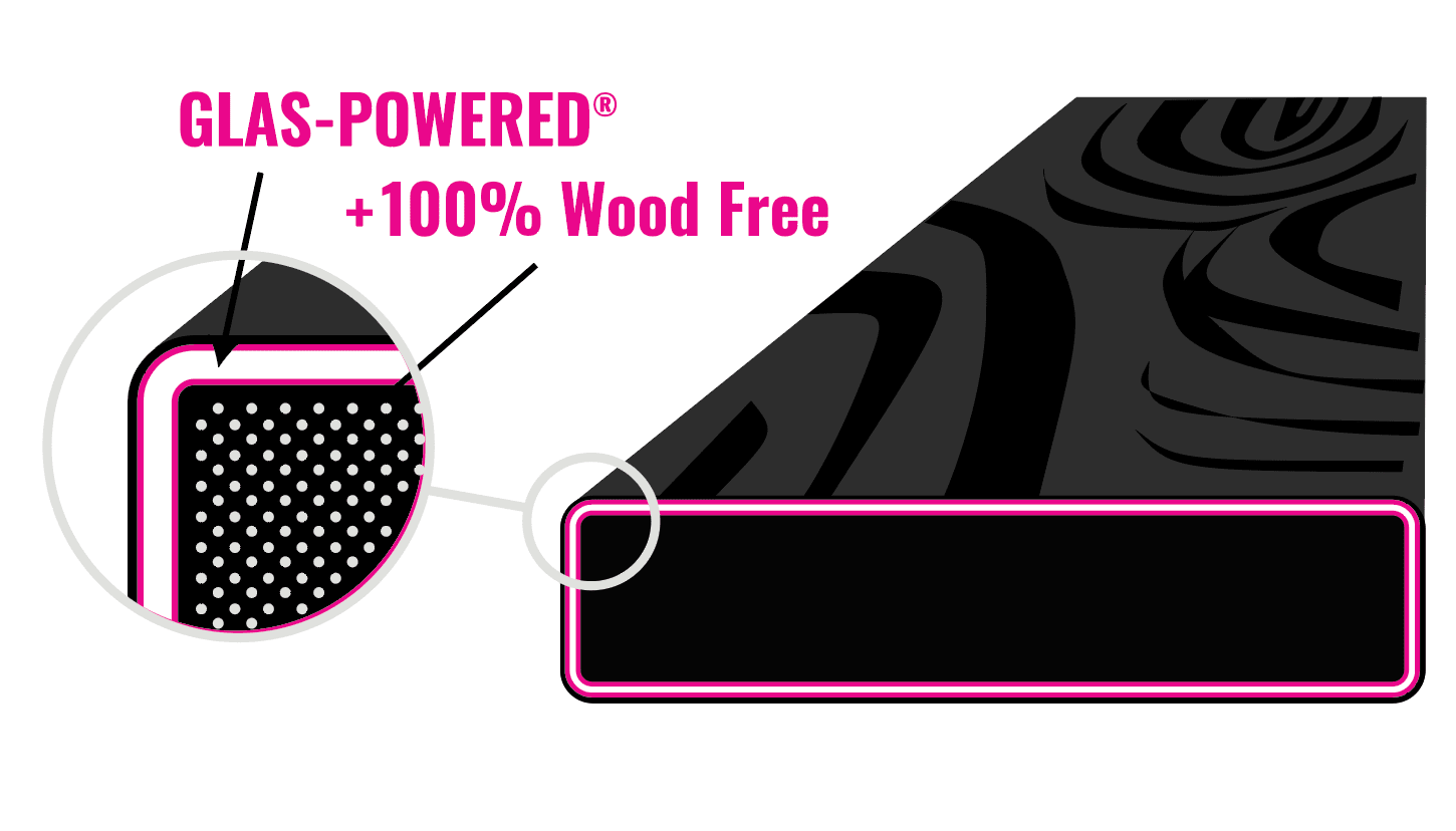 Close-up of GLAS‑powered, 100% wood‑free material with a textured black pattern and highlighted corner detail.